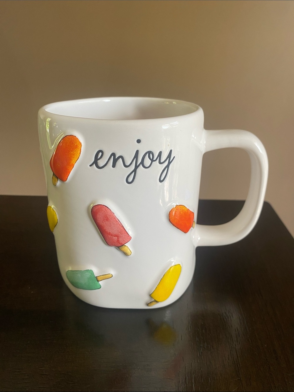 Rae Dunn Enjoy Ceramic Mug with Multicolored Popsicle Accents